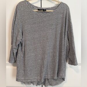 Adrienne Vittadini Black White Striped Linen Top Women 3X Button Back Roll Tab